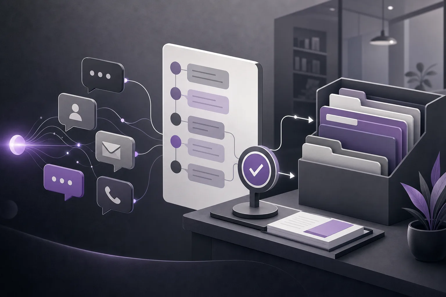 Illustration of a client inquiry conversation moving through an organized human review workflow in a digital law office