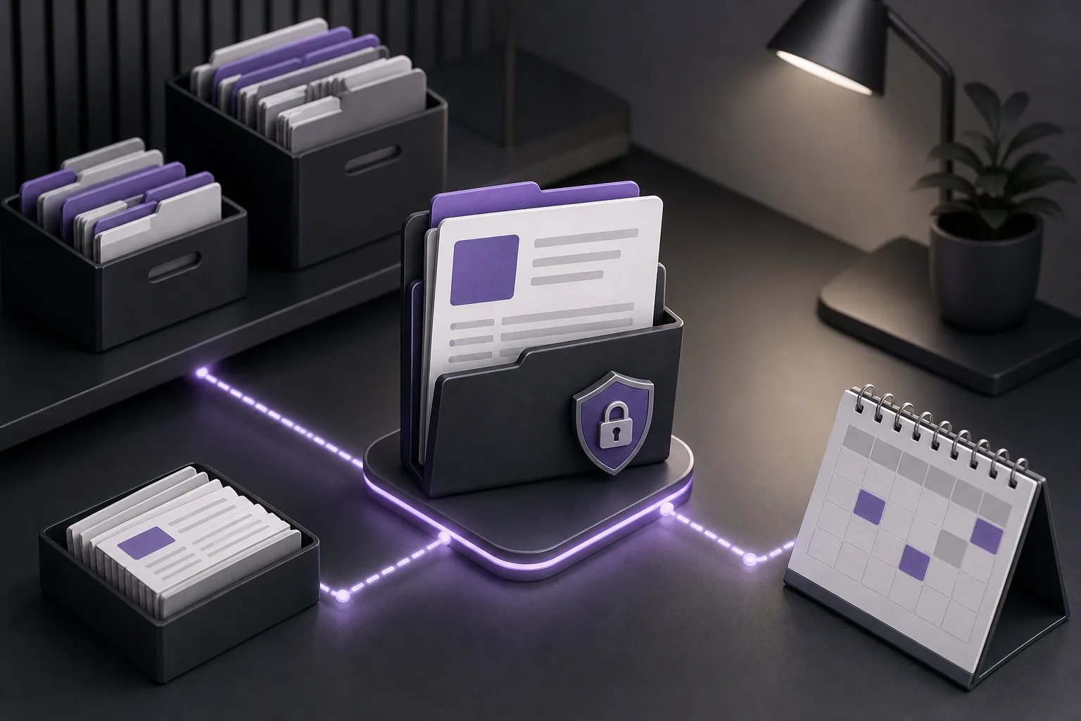 Conceptual illustration connecting a case file with document folders and an appointment calendar in a secure workspace