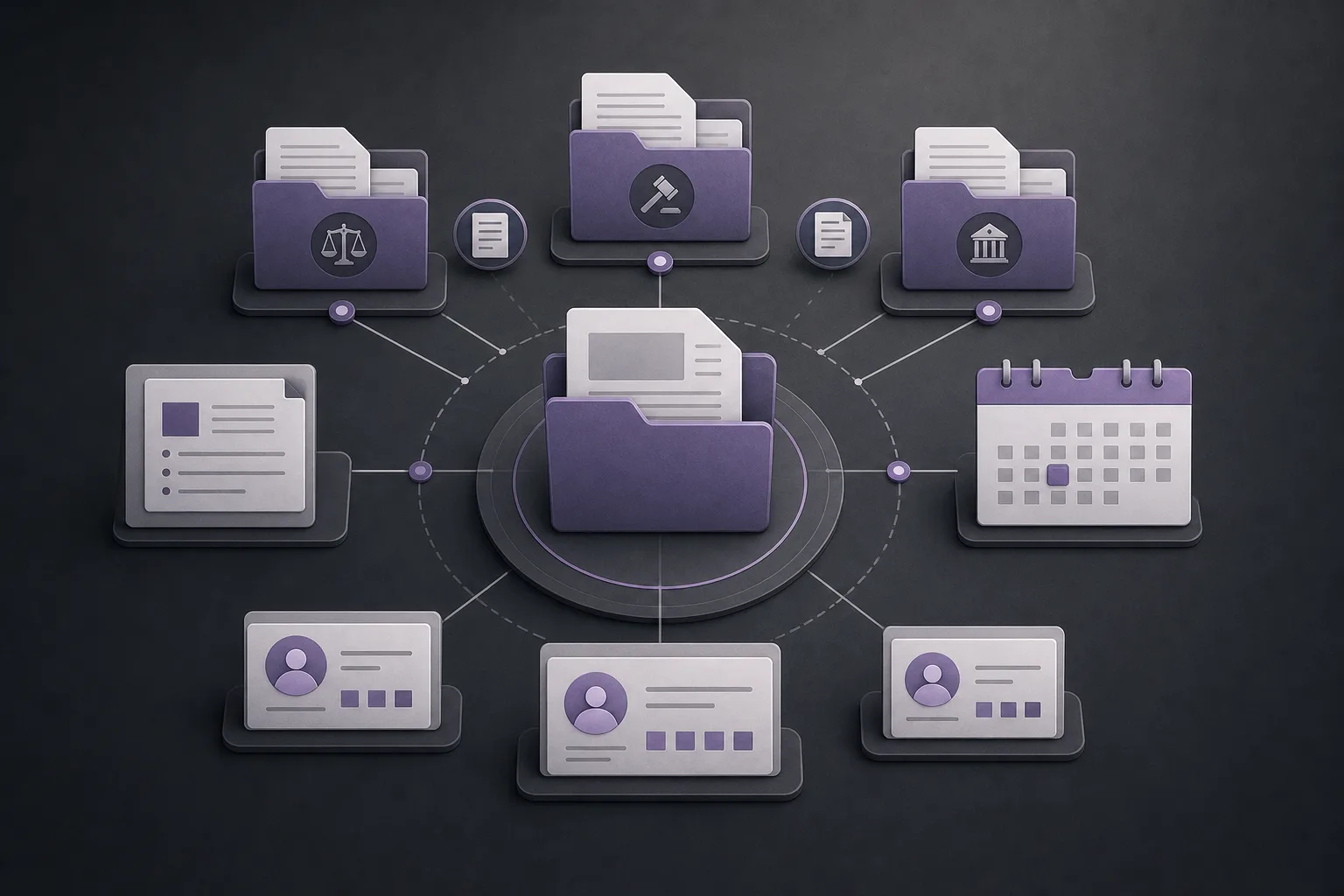 Illustration of a law-office workflow connecting a client record with multiple case files, documents, and appointments in one organized workspace