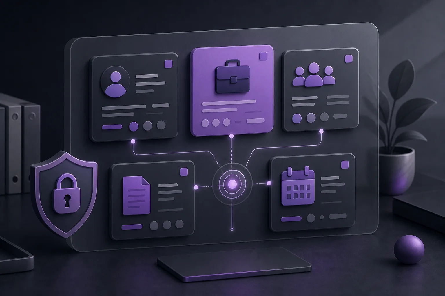 Illustration of one workspace containing accounts, case files, client files, documents, and appointments