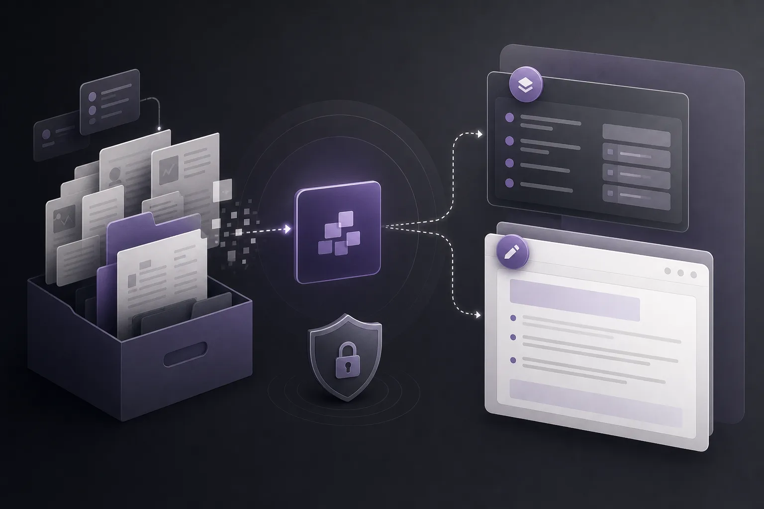 Illustration of turning a case file into a summary and reviewable client-update draft in a digital legal workspace
